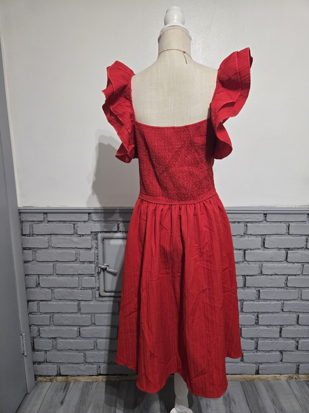 Red Flutter Sleeve V-Neck Wrap Dress - Picture 3 of 5